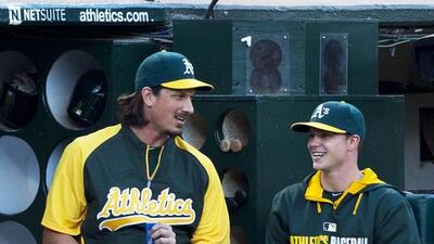 Jeff Samardzija, left, of the Oakland Athletics talks to Sonny Gray in the dugout during the fourth inning against the Toronto Blue Jays at O.co Coliseum on July 5, 2014 in Oakland, California. Jason O Watson / Getty Images