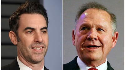 FILE - This combination of file photos shows actor-comedian Sacha Baron Cohen at the Vanity Fair Oscar Party in Beverly Hills, Calif. on March 4, 2018, left, and former Alabama Chief Justice and then U. S. Senate candidate Roy Moore at a news conference in Birmingham, Ala. , on Nov. 16, 2017. A federal judge on Tuesday, July 3, 2021, dismissed failed U. S. Senate candidate Roy Moore’s $95 million lawsuit targeting comedian Sacha Baron Cohen filed after Moore complained he was tricked into an interview that lampooned sexual misconduct accusations against him. (AP Photo / File)