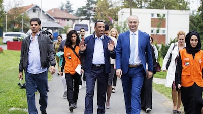 Juma Al Dhaheri, UAE Ambassador to Serbia, and Nenad Ivanisevi, Serbian state secretary at the ministry of labour, employment, veteran and social affairs, arrive with Etihad Airways employees to deliver aid supplies.