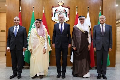 From left, foreign ministers in Amman on Sunday at the ministerial committee of the Arab-Islamic Extraordinary Joint Summit on Gaza, including Badr Abdelatty of Egypt; Prince Faisal bin Farhan of Saudi Arabia; Ayman Safadi of Jordan and Abdullatif bin Rashid Al Zayani of Bahrain, in the company of Arab League Secretary General Ahmed Aboul Gheit. AP