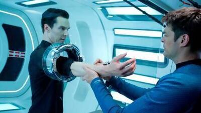 Benedict Cumberbatch, left, in Star Trek into Darkness. Courtesy Paramount