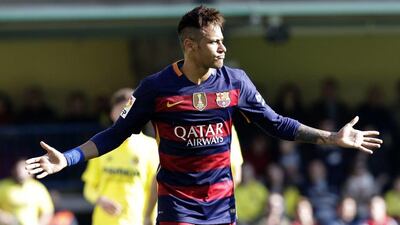 Barcelona’s Neymar celebrates after scoring during the Spanish La Liga football match between Villarreal and Barcelona at the Madrigal stadium in Villarreal, Spain, Sunday, March 20, 2016. (AP Photo/Alberto Saiz)