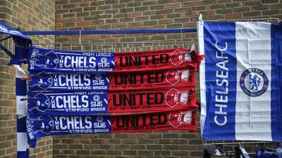 Chelsea and Manchester United scarves on sale outside Stamford Bridge prior to the match. Facundo Arrizabalaga / EPA