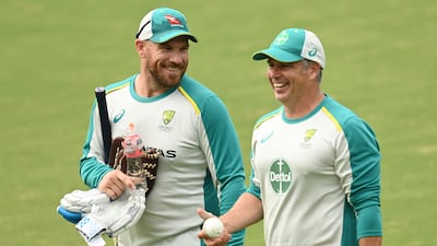 Australia batsman Aaron Finch, left, during a training session at the Junction Oval. Getty