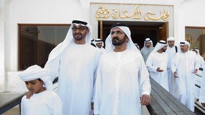 Sheikh Mohammed bin Zayed, Crown Prince of Abu Dhabi, centre, Sheikh Mohammed bin Rashid, Vice President and Ruler of Dubai, right, and Sheikh Zayed bin Mohammed bin Hamed bin Tahnoon Al Nahyan, left, tour the fort during the Qasr Al Hosn Festival. Silvia Razgova / Crown Prince Court - Abu Dhabi
