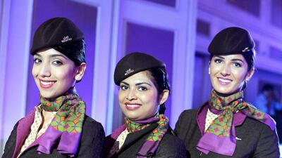Etihad air hostesses at the official launch event of the airline's A380 services to Mumbai. Subhash Sharma for The National