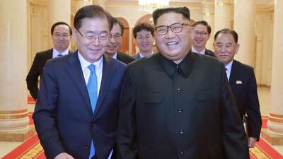North Korean leader Kim Jong Un meeting with South Korean president's special envoy Chung Eui-yong in Pyongyang on September 5, 2018. AFP