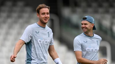 England seamers Stuart Broad and James Anderson during training at Lord's on Tuesday, August 16, 2022. Getty