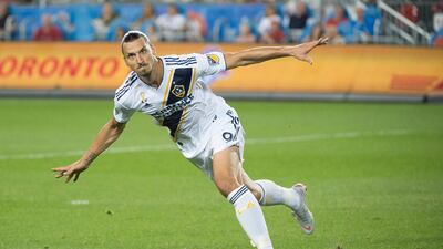 Zlatan Ibrahimovic celebrates his goal during the first half against Toronto FC. Nick Turchiaro / USA TODAY Sports