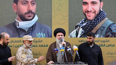 Hashim Safieddine, a Shiite Muslim cleric and head of Hezbollah's Executive Council, speaks at a funeral in Beirut's southern suburbs. AFP