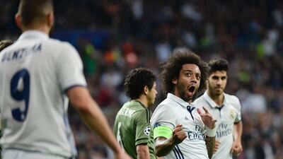 Real Madrid’s Marcelo celebrates after causing an own goal. Pierre-Philippe Marcou / AFP