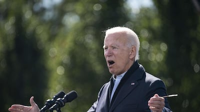 Democratic presidential nominee Joe Biden speaks during a drive-in campaign rally at Riverside High School in Durham, North Carolina. AFP