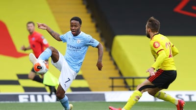 Raheem Sterling of Manchester City controls the ball at Vicarage Road. Getty