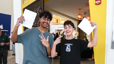 Pupils celebrate their GCSE results at Repton School Abu Dhabi-Fry Campus. Victor Besa / The National