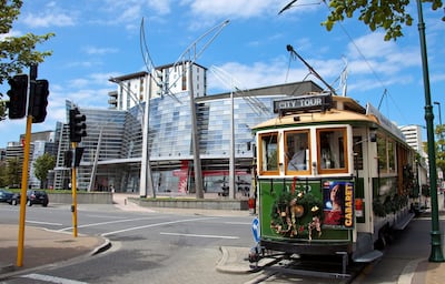 A tram in front of the Art Gallery in Christchurch, New Zealand. Getty Images
