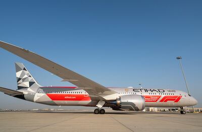 The Etihad Boeing 787 Dreamliner in F1 Grand Prix livery. Courtesy Etihad