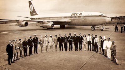 Middle East Airlines staff in front of a Boeing 707-320C in 1967. Photo: Middle East Airlines – Air Liban