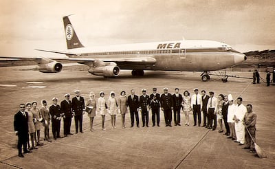 Flight and cabin crew of Middle East Airlines with a Boeing 707 9 in the late 1960s. Photo: Middle East Airlines – Air Liban