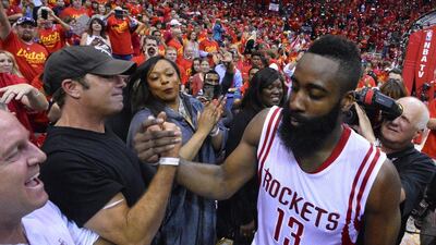 James Harden celebrates with fans after leading the Houston Rickets into the Western Conference final. Larry W Smith / EPA