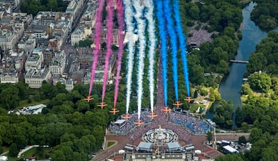 The Red Arrows make a flypast after the Trooping the Color ceremony in London to mark Queen Elizabeth II's Platinum Jubilee. AP