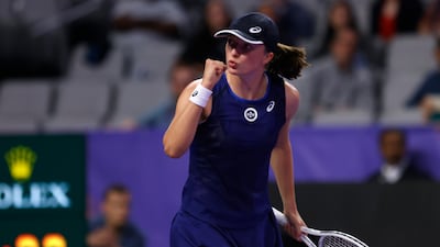Iga Swiatek celebrates her win over Daria Kasatkina of Russia on day two of the WTA Finals in Fort Worth, Texas. AP