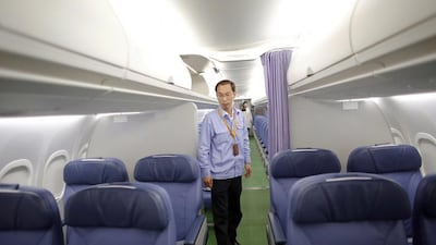 Inside an ARJ21-700 aircraft at the Comac factory in Shanghai. The ARJ21-700 can seat 78 to 90 passengers depending on its configuration with a range of between 2,225 to 3,700 kilometres. Carlos Barria / Reuters