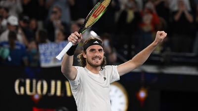 Stefanos Tsitsipas celebrates after beating Jiri Lehecka in the Australian Open quarter-finals. AFP