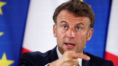 French President Emmanuel Macron delivers a closing speech during the European Air Defence Conference in Paris. EPA