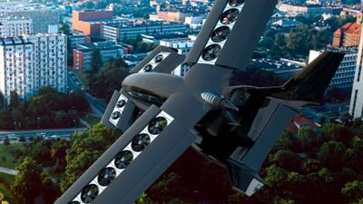 A rendering of the Cavorite 5 in full flight over a city. Courtesy: Horizon Aircraft