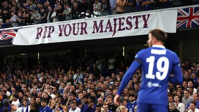 A banner in the stands at Stamford Bridge following the death of Queen Elizabeth II. Reuters