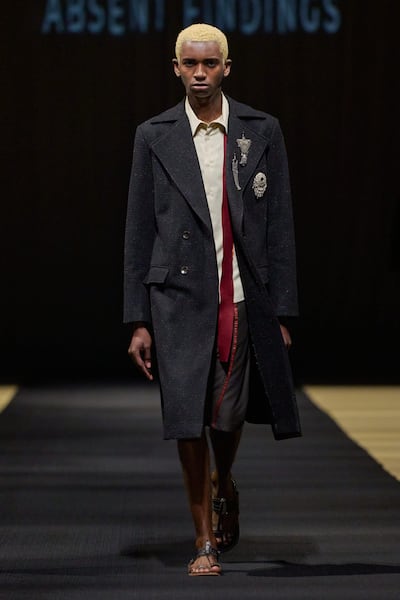Absent Findings presents menswear with overcoats and Kolhapuri sandals. Photo: Dubai Fashion Week