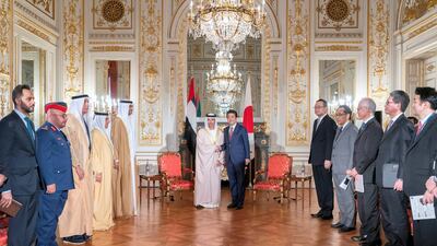 Sheikh Hazza bin Zayed meets Shinzo Abe. Seen with Khalid Al Ameri, Maj Gen Ibrahim Al Alawi (2nd L), Jaber Al Suwaidi (3rd L), Hamad Al Shamsi Secretary General of the Supreme Petroleum Council (4th L) and Dr Sultan Al Jaber. Rashed Al Mansoori / Ministry of Presidential Affairs