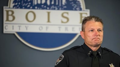 Boise Police chief Bill Bones reacts while releasing child victims' ages at a news conference on Saturday's stabbing attack that happened in Boise, at Police and Fire City Hall of Boise in Idaho on July 1, 2018. Meiying Wu/Idaho Statesman / AP
