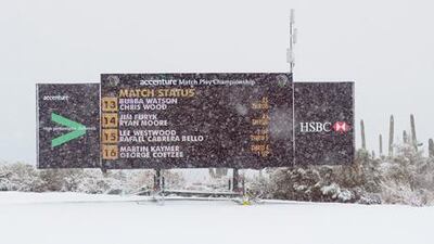 The scoreboard at the WGC Accenture Match Play at Dove Mountain is obscured by the sudden snowfall.