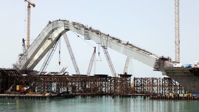 Construction on the arches of Sheikh Zayed Bridge on April 28, 2010. They required more than 12,000 tonnes of steel and 250,000 cubic metres of concrete. Jaime Puebla/The National