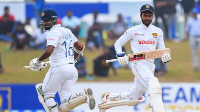 Sri Lanka's Dhananjaya de Silva and captain Dimuth Karunaratne, left, put the hosts in control of the second Test. AFP