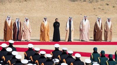 Mohamed Al Junaibi, Director of the President's Protocol Office at the UAE Ministry of Presidential Affairs, Abdullah Al Nuaimi, Ambassador of the UAE to South Korea, Khaldoon Al Mubarak, chief executive and managing director Mubadala, chairman of the Abu Dhabi Executive Affairs Authority and Abu Dhabi Executive Council Member, Dr Thani Al Zeyoudi, Minister for Climate Change and Environment, Noura Al Kaabi, Minister of Culture and Knowledge Development, Hussain Al Hammadi, Minister of Education, Suhail Al Mazrouei, Minister of Energy, Dr Anwar Gargash, Minister of State for Foreign Affairs and Ali Al Shamsi, Deputy Secretary-General of the UAE Supreme National Security Council, attend a reception at Blue House. Hamad Al Mansoori / Ministry of Presidential Affairs