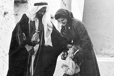 Sheikh Shakhbut with Susan Hillyard and her daughter Deborah in Abu Dhabi in the winter of 1957. Photo: Susan Hillyard