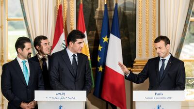 French president Emmanuel Macron, right, with the Iraqi Kurdish region's prime minister Nechirvan Barzani and deputy prime minister Qubad Talabani, left, at a press conference at the Elysee Palace following their meeting in Paris on December 2, 2017. Etienne Laurent / Reuters