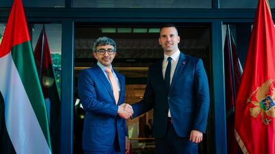 Sheikh Abdullah bin Zayed, Deputy Prime Minister and Minister of Foreign Affairs, with Milojko Spajic, Prime Minister of Montenegro, in Podgorica on Saturday. Photo: Wam