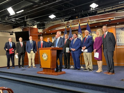 Senator Tommy Tuberville speaks during a press conference for the Sharia-Free America Caucus. Sara Ruthven / The National