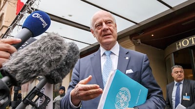 Staffan de Mistura briefs the media after a meeting with the head of the Syrian Negotiation Commission in November 2017. EPA/Salvatore Di Nolfi