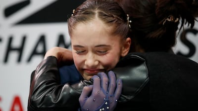 Isabeau Levito celebrates after learning her score during the women's free skate at the US figure skating championships in San Jose, California. AP