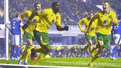 Norwich City's Sebastien Bassong, third left, celebrates his 90th-minute goal against Everton to earn a share of the points. Nigel Roddis / Reuters