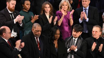 Rodney and RowVaughn Wells (3rd L), parents of Tyre Nichols, are applauded after US President Joe Biden acknowledged them during a State of the Union address in Washington DC. AFP