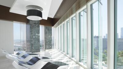 The relaxation zone at Dahlia Spa includes heat beds and floor to ceiling windows at the Four Seasons Hotel Abu Dhabi. Courtesy Four Seasons Hotel Abu Dhabi