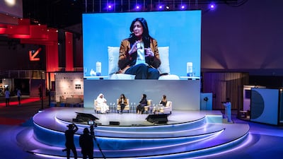Najla Al Midfa, Manar Al Hinai and Leila Hamadeh at a panel discussion moderated by Saeed Al Nofeli at the World Conference on Creative Economy at Expo 2020 Dubai on Thursday. Victor Besa / The National