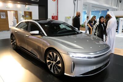 A Lucid electric car on display in Abu Dhabi