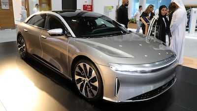 A Lucid car on display at the Electric Vehicle Innovation Summit in Abu Dhabi. Pawan Singh / The National