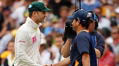 Sachin Tendulkar congratulates Michael Clarke at the end of the Test match.